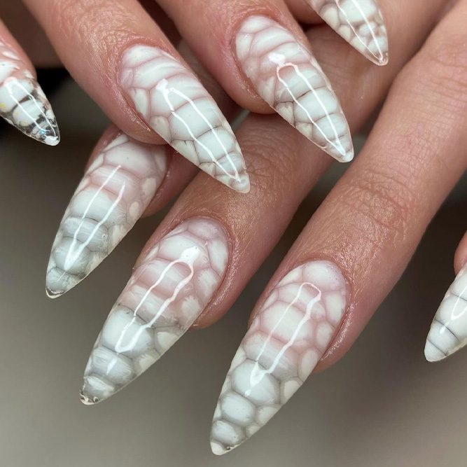 Crocodile Pattern White Acrylic Nails