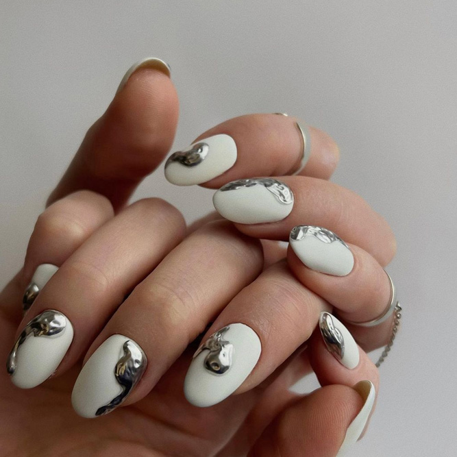 Silver and White Mix White Acrylic Nails