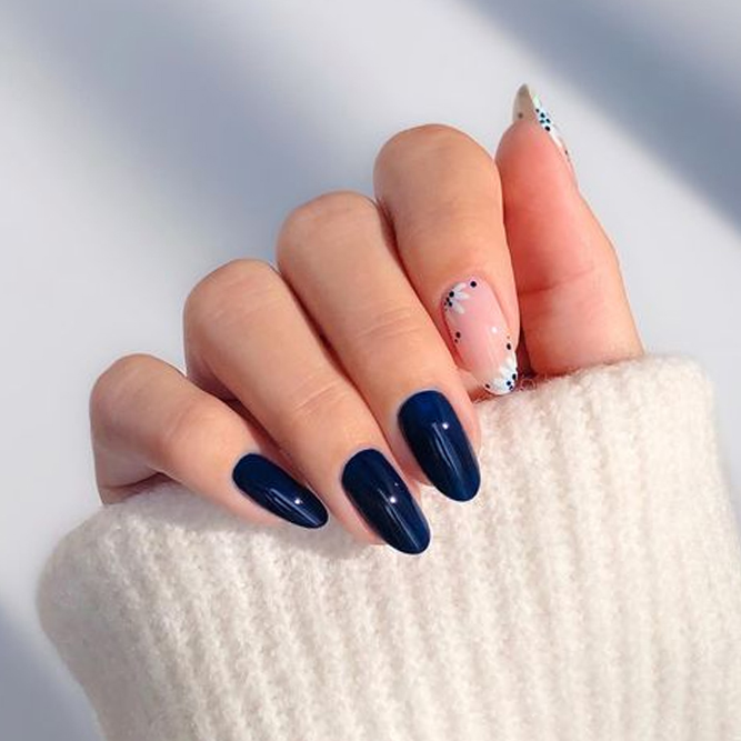 Deep Blue Fall Nails with Flowers