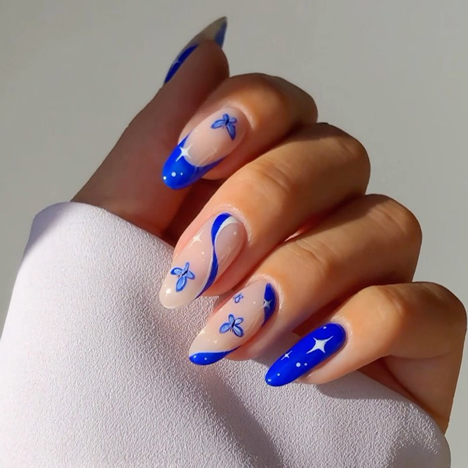 Royal Blue Butterfly Oval Nails