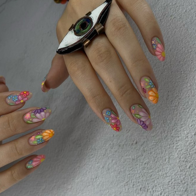 Bright Floral Oval Nails