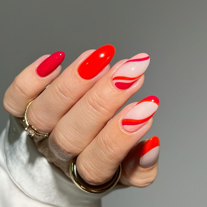 Bright Red Nails with Waves