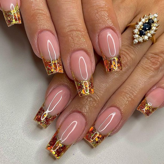 Gold French Coffin Long Nails