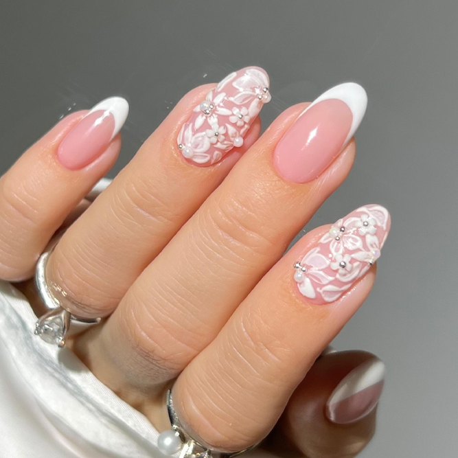 3D Flowers On White Manicure