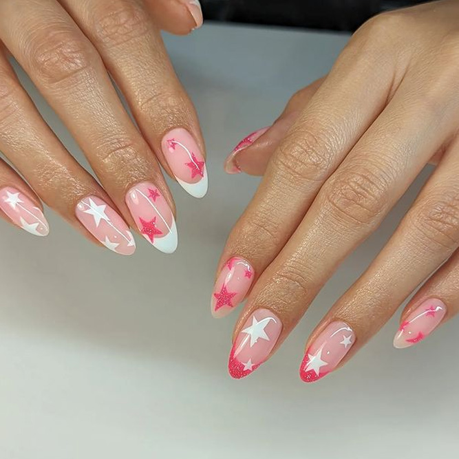 Pink and White Nails Stars