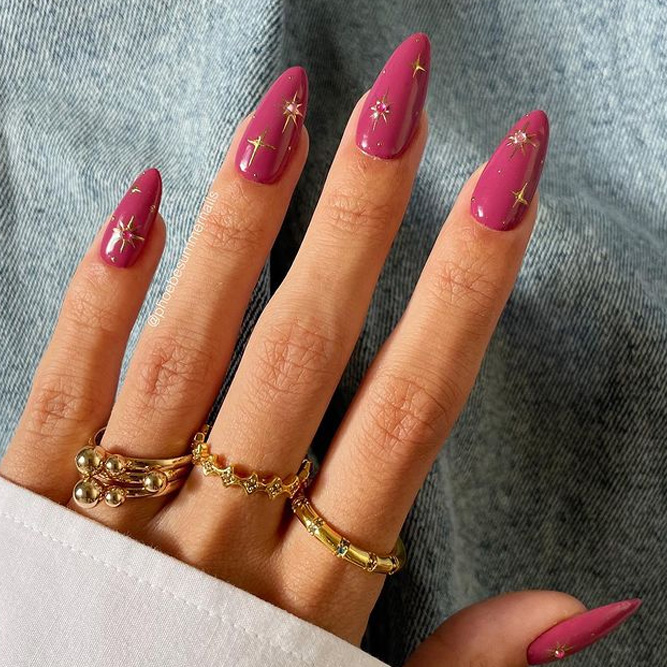 Berry Pink Nails with Stars