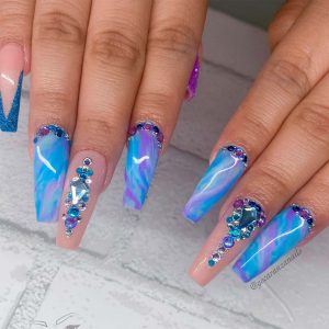 Aqua Nails With Rhinestones